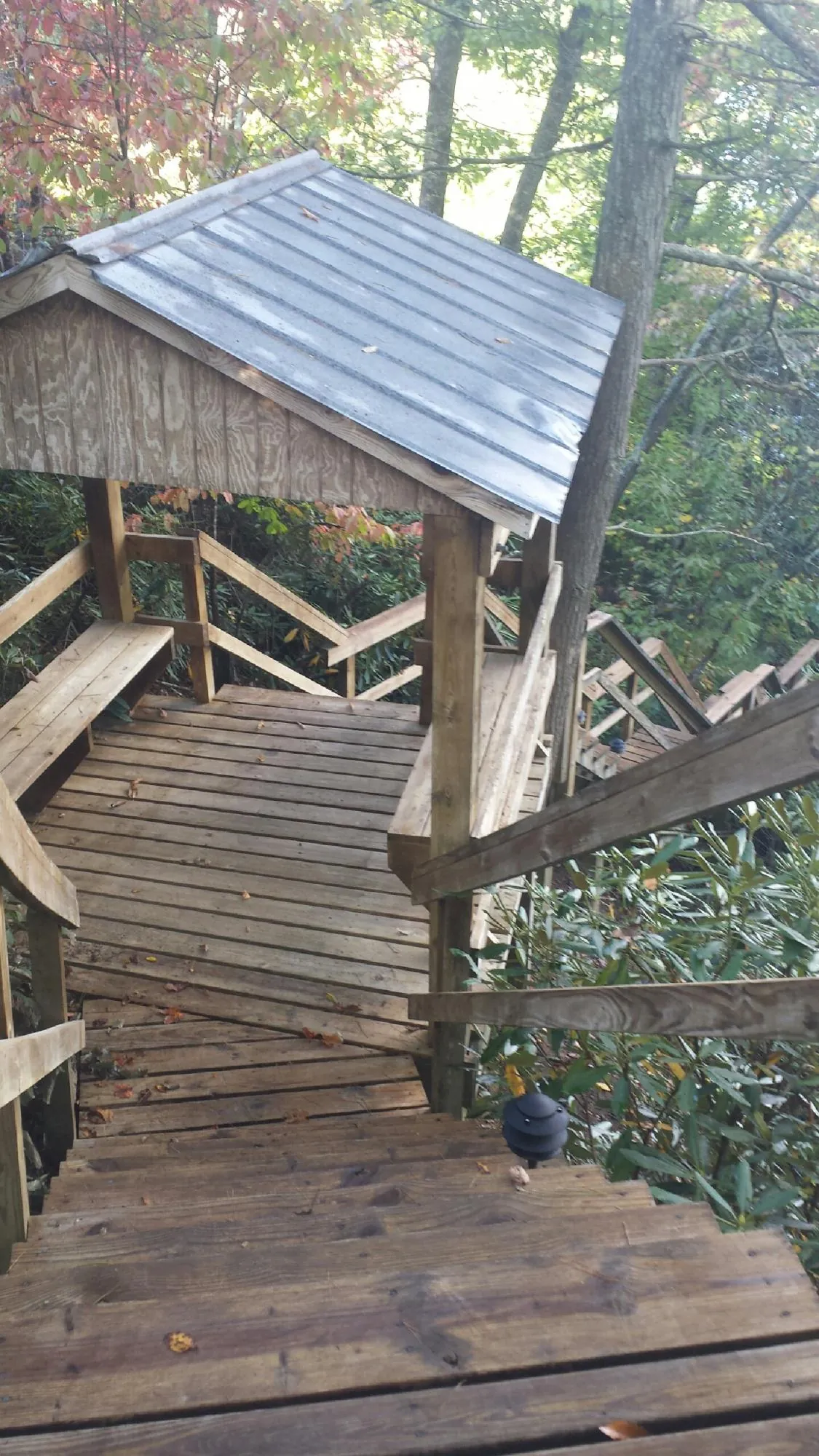 Metal roofed shelter over wooden steps on a wooded walkway — Skylight Repair & Installation work by our crew in Newcomb